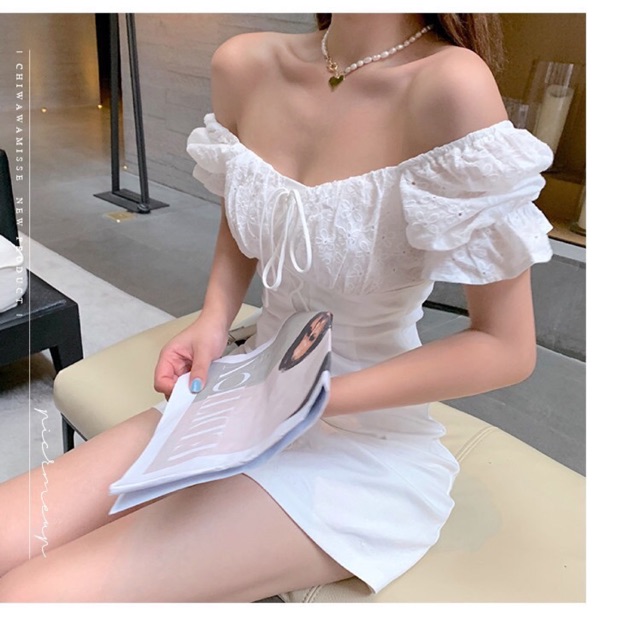 ĐẦM BẸT VAI TRẮNG ĐAN DÂY EO PHỐI REN HOA NGỰC