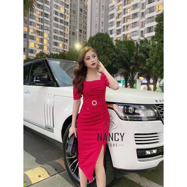 Váy thiết kế đai eo đá tay bồng, cổ vuông, nhún bụng, sang trọng | BigBuy360 - bigbuy360.vn