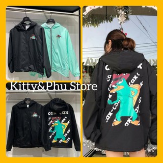 Áo khoác dù nữ nam Unisex chú gấu có mũ bo chun tay và lai cao cấp 2 màu đen-xanh TP23