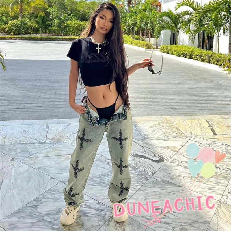 DUNEA Quần Denim Lưng Thấp In Họa Tiết Vintage Cá Tính Cho Nữ