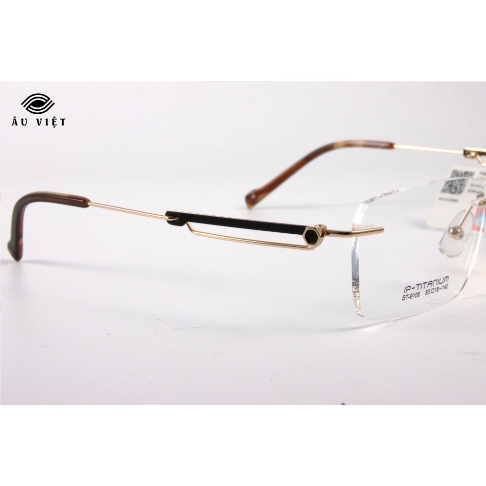 Gọng kính khoan nam nữ kim loại titanium dáng vuông chữ nhật Sunfire ST-9106 màu nâu vàng Full box