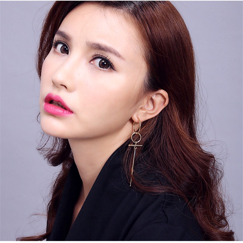 Bất Đối Xứng Bông Tai Vòng Tròn Nữ Hàn Quốc Thời Trang Trang Sức Bạc Thanh Lịch