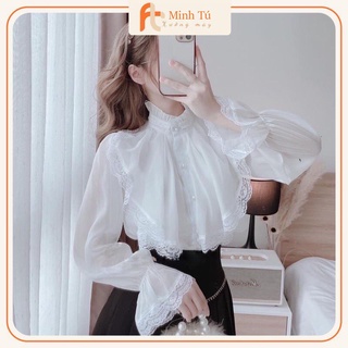 Áo sơ mi tiểu thư 2 lớp diện Tết phối ren, Áo nữ ren tay dài mẫu mới Hot trend dáng bánh bèo