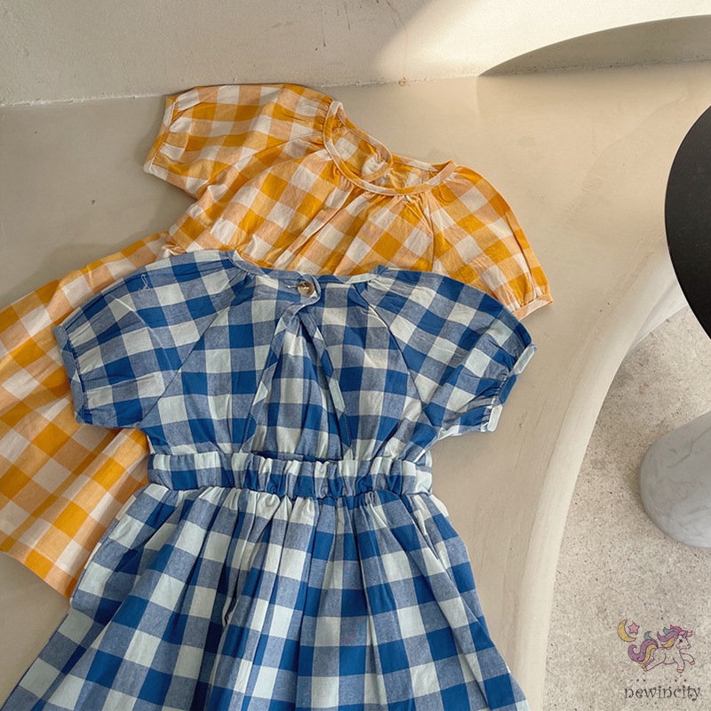 Đầm Cotton Ngắn Tay Họa Tiết Sọc Caro Thời Trang Mùa Hè Hàn Quốc Cho Trẻ Em
