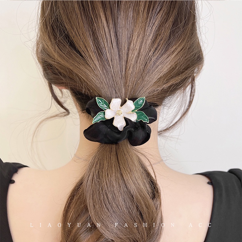Dây Buộc Tóc Satin Bản Lớn Họa Tiết Hoa Vàng Phong Cách Hàn Quốc Thời Trang Cho Nữ