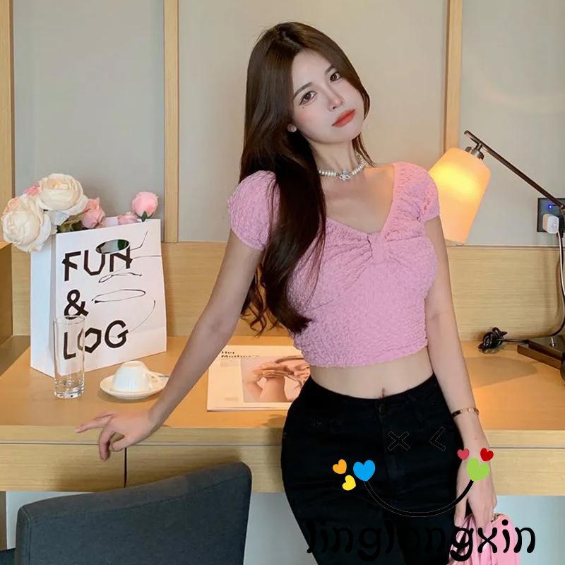 Áo Crop Top Tay Ngắn Màu Trơn Phối Nơ Họa Tiết Gợn Sóng 2 Màu Sắc Thời Trang Cho Nữ