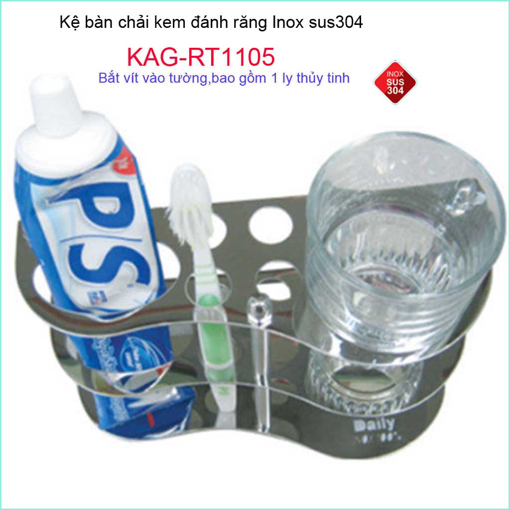 Kệ bàn chải kem đánh răng inox 304 KAG-RT1105 + Ly thủy tinh trọn bộ mẫu mới tiện dụng sử dụng tốt