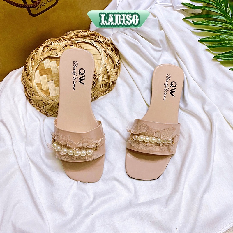 Dép quai ngang nữ LADISO phối ren nhún bèo kết ngọc mẫu mới cực xinh - TT348
