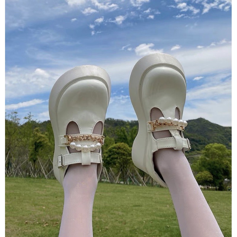 GIÀY OXFORDS THẤP CỔ MŨI TRÒN TO ULZZANG có xích đế thấp gót cài quai ngang 2 lỗ dây xích nhỏ ngọc ngang