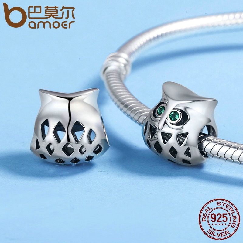 Hạt phụ kiện Bamoer SCC424 bằng bạc thật 925 thiết kế hình cú mèo khoét rỗng xinh xắn dùng làm trang sức