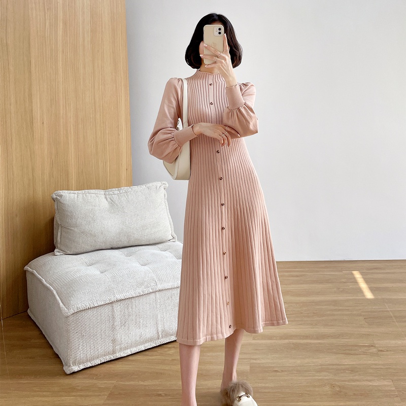 Đầm Len Dệt Kim Tay Phồng Cổ Cao Thời Trang Cho Nữ váy