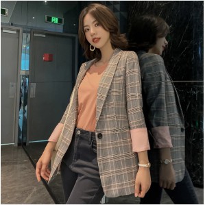 Áo Khoác Blazer Họa Tiết Sọc Caro Phong Cách Hàn Quốc Thời Trang Mùa Xuân Mới Cho Nữ 2021