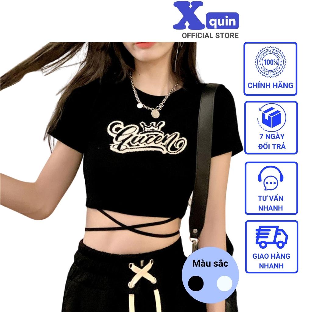 Áo Croptop Nữ Ôm Body Phối Dây Eo Cực Tôn Eo Xquin, Áo Kiểu Nữ Ngắn Tay In Chữ Trước Ngực Cực Đẹp