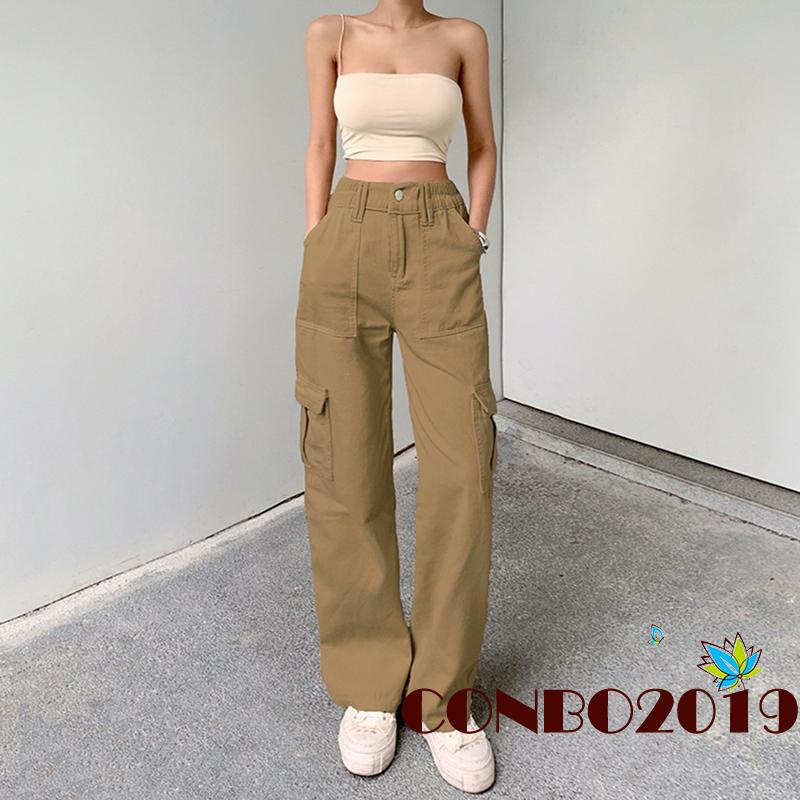 Hgm-quần Jean Nữ Cạp Cao Ống Thẳng Có Túi Màu Trơn / Kaki / Nâu