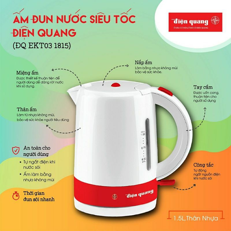 Ấm đun nước/bình nấu nước siêu tốc 1,5lit 1800w Điện Quang ĐQ EKT03 1815