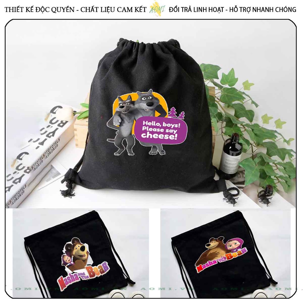 BALO MINI masha and bear AOMIVN DÂY RÚT ĐEO VAI 33x38cm NHỎ XINH UNISEX CHẤT CANVAS CUTE TIỆN ÍCH DU LỊCH DẠO PHỐ