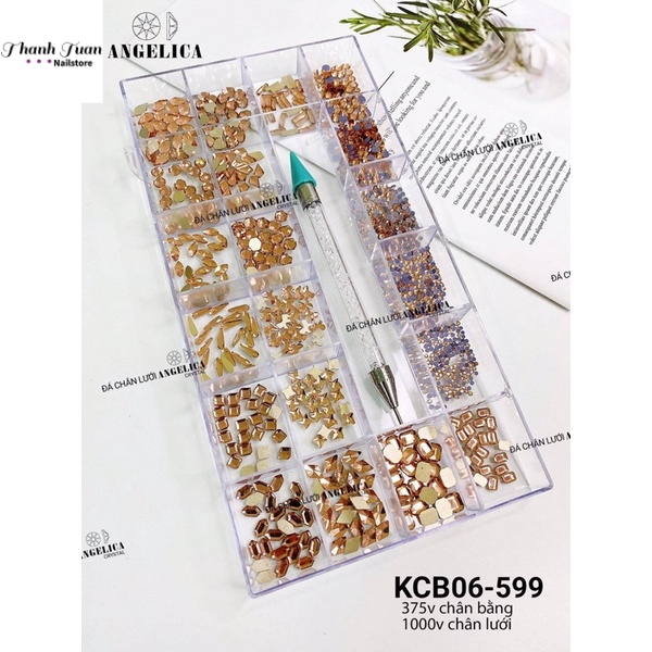 Khay Đá Nail 370 viên Chân bằng và Chân lưới 1000 viên Angelica tặng kèm bút chấm đá 2 đầu- Phụ kiện đồ nail