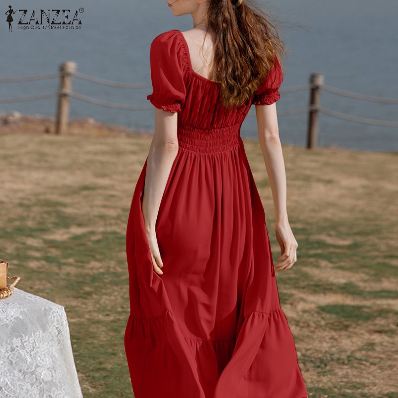 Đầm Zanzea cổ vuông tay phồng xếp nếp màu trơn thiết kế quý tộc cổ điển cho nữ