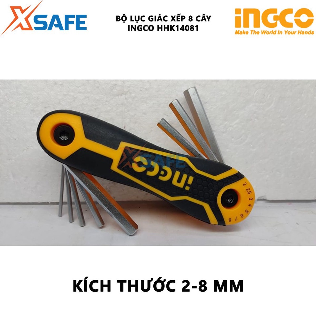 Bộ 8 chìa lục giác INGCO HHK14081 Lục giác đầu bằng kích thước 2-8mm, chất liệu thép CR-V chịu nhiệt, mạ thép chrome