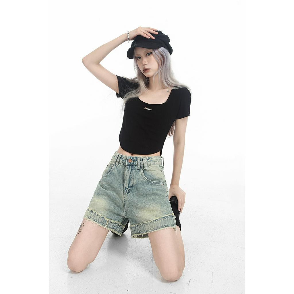 Honypove Quần Short Denim Lưng Cao Thời Trang Dành Cho Nữ