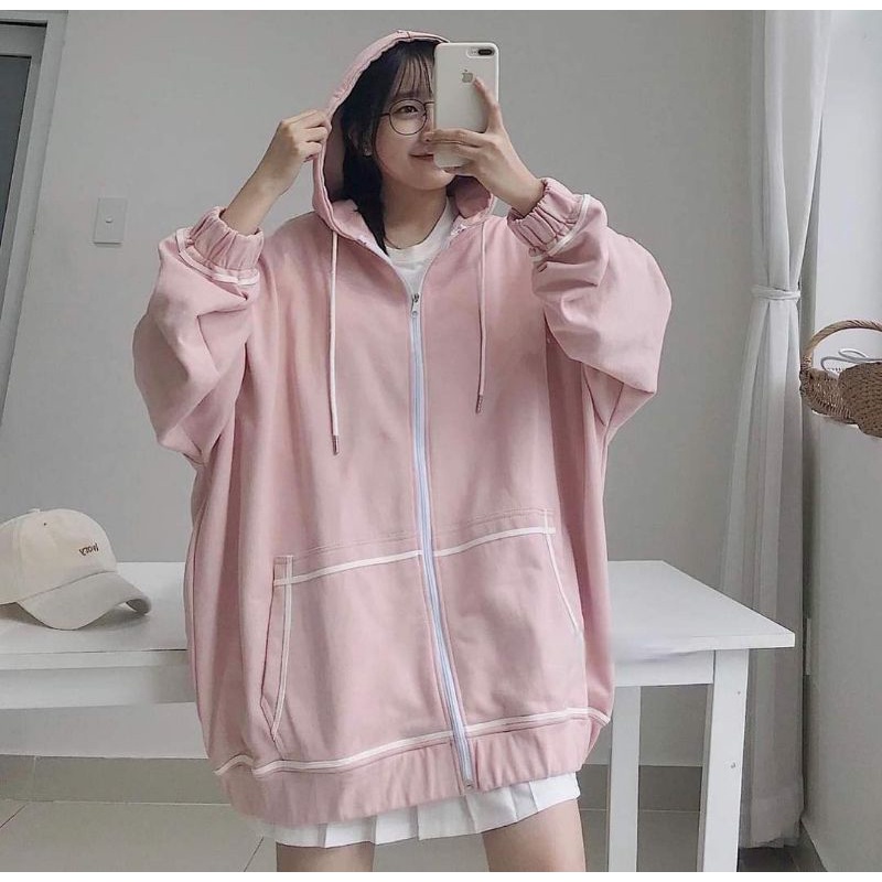 Áo Khoác Hoddie Tay Phồng Phối Viền Trắng Phông Unisex Nam Nữ 38-63kg