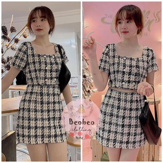 [Ảnh thật] Set áo croptop cổ vuông kèm chân váy A caro ulzzang