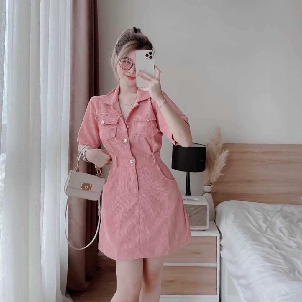 Đầm Sơ Mi Nhung Tăm 4 Màu , Đầm Túi Đậy Nắp Đính Cúc Đồng Có Dây Đai Bụng Tôn Vòng Eo Sang Trọng