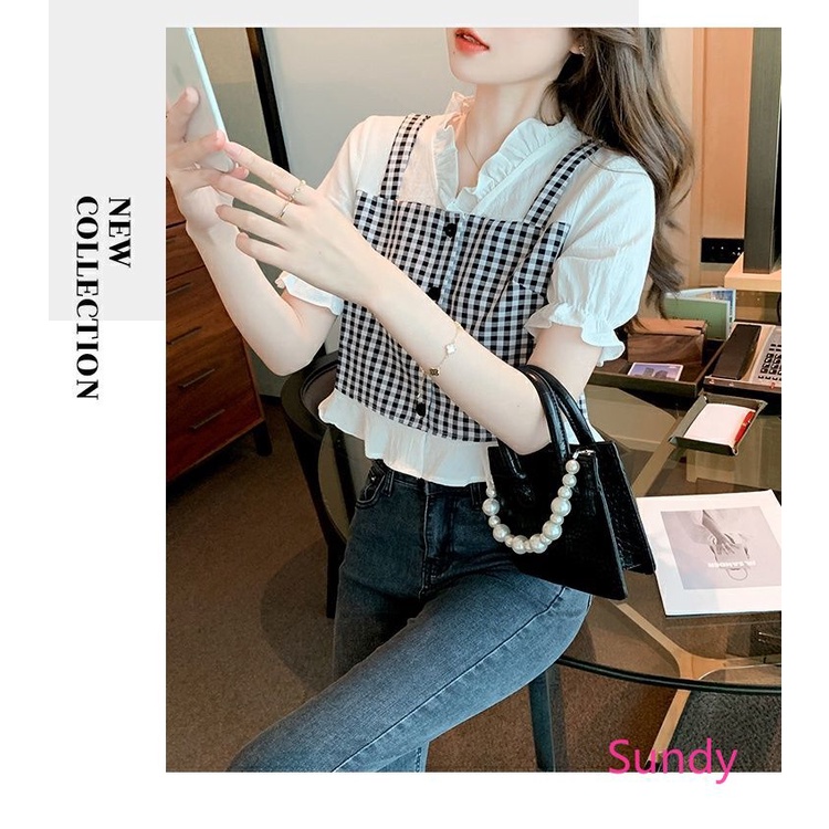 Áo Sơ Mi Ngắn Tay Cổ Chữ V Hoa Văn Kẻ Ô Thời Trang Mùa Hè Dành Cho Nữ