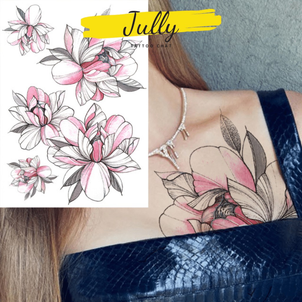 Hình xăm dán hoa mẫu đơn màu hồng JULLY tattoo chất, xăm tạm thời chống nước, nhẹ nhàng phong cách Hàn Quốc, BIG 85