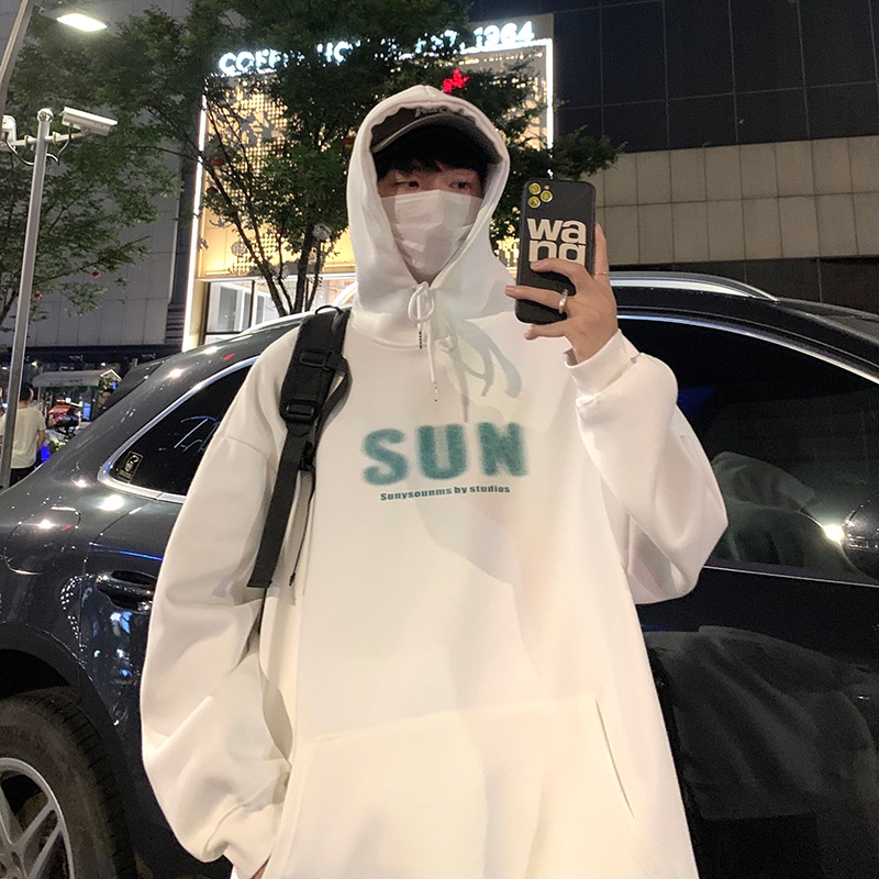 Áo hoodie nhung dày tay dài dáng rộng in chữ đơn giản phong cách Hàn Quốc size M-5XL cho bạn nam