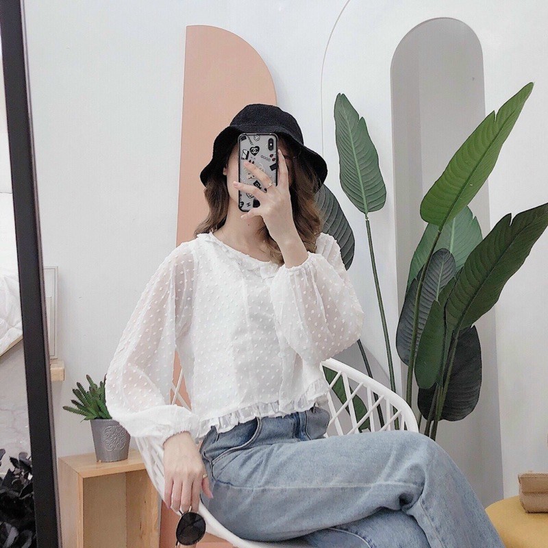 Áo hoạ tiết bi nổi tay dài phối bèo siêu xinh Sun Fashion