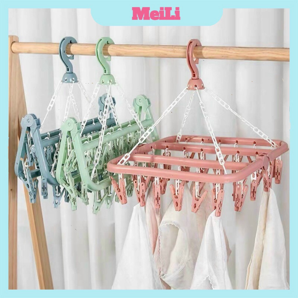 MÓC QUẦN ÁO, PHƠI TẤT - Móc chùm phơi quần áo sơ sinh, Mắc phơi đồ cho bé đa năng gấp gọn 32 kẹp .