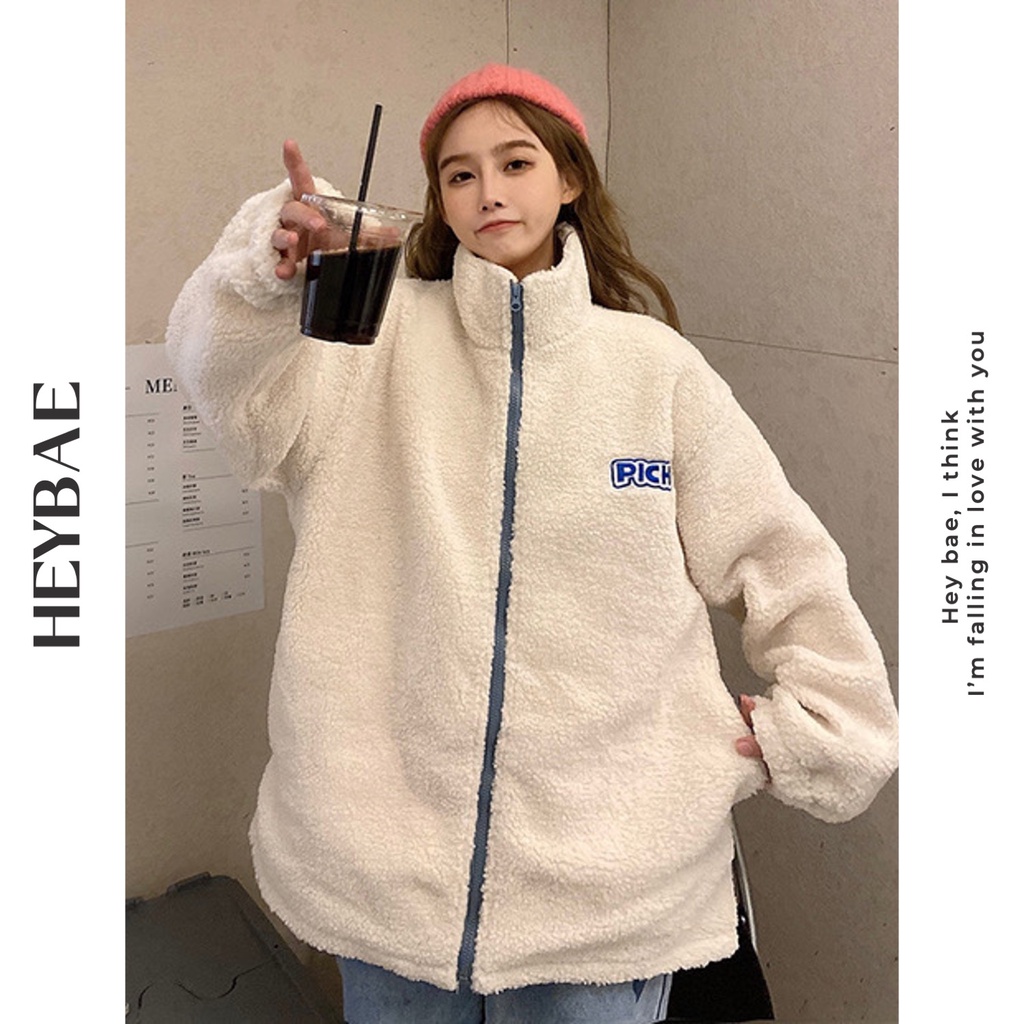 Áo khoác lông cừu oversize Puff HEYBAE thêu chữ khoá kéo dài tay mùa đông siêu ấm áo khoác ngoài cho nữ AK007