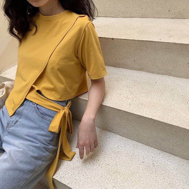 Áo Thun Dáng Rộng Tay Ngắn Cột Dây Phong Cách Hong Kong Cổ Điển Thời Trang Mùa Hè Hàng Mới Dành Cho Nữ 2022