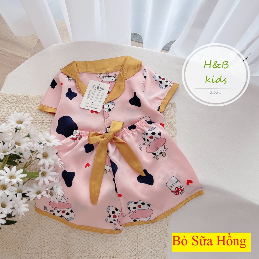 [16KG-35KG]  Bộ Mặc Nhà Pijama Lụa Phối Nơ Cao Cấp Tay Cộc Cho Bé Gái - Chất Liệu Lụa mềm Mịn Thoáng Mát