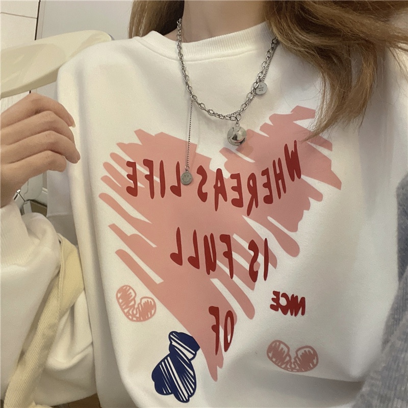 Áo sweatshirt PEWARNA IKAT dài tay họa tiết trái tim hoạt hình dáng rộng phong cách Nhật Hàn thời trang thu đông cho nữ
