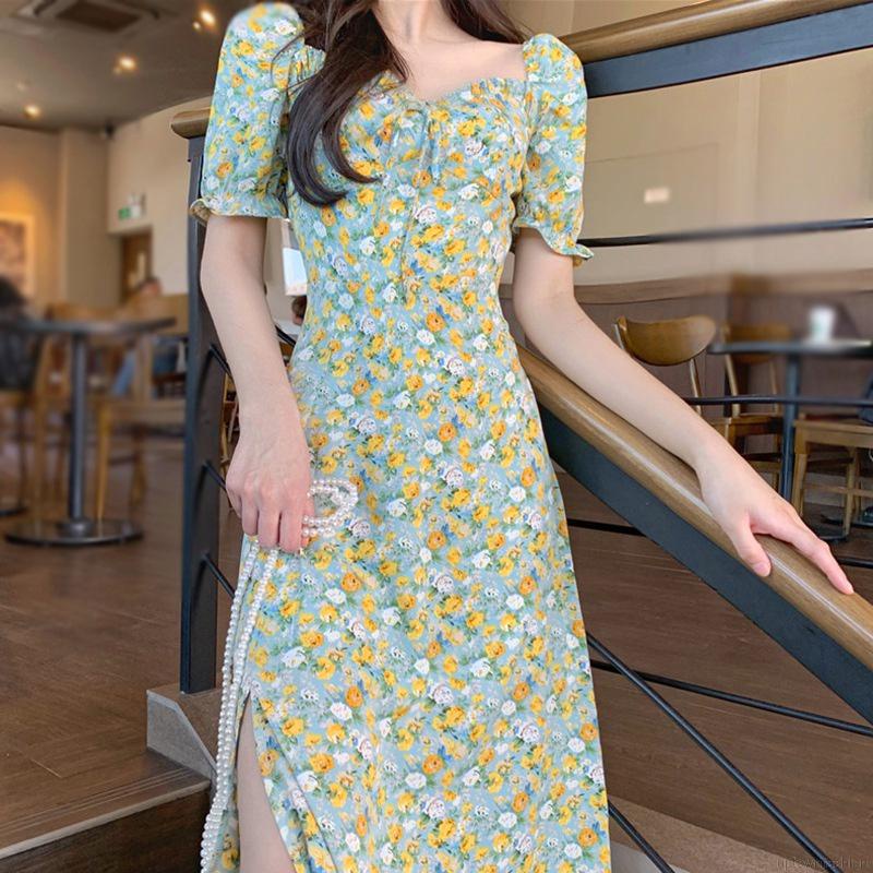 Đầm Hoa Cổ Vuông Xẻ Tà Thời Trang Mùa Hè Pháp