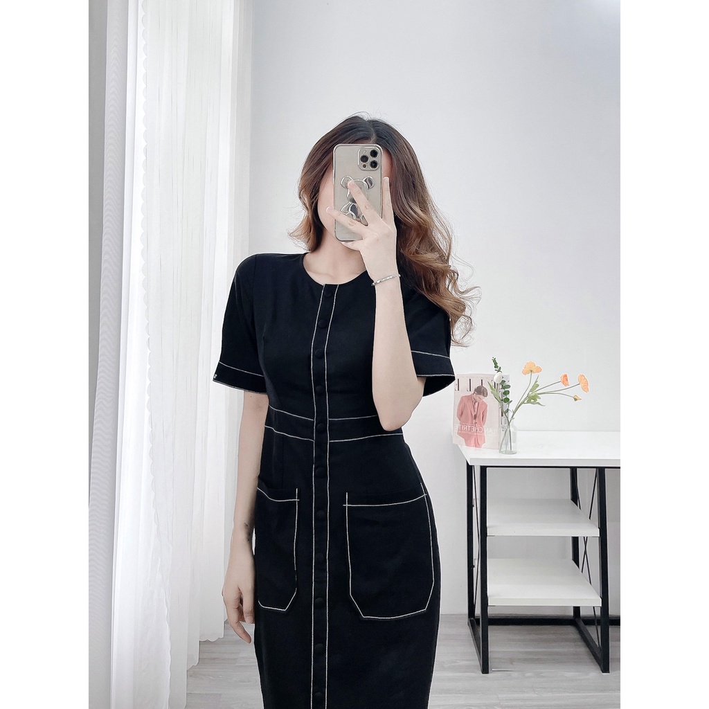 SWANLAKE | Đầm Linen Cổ Tròn Có Túi Đơn Giản, Thanh Lịch - MÃ: D10190LW01