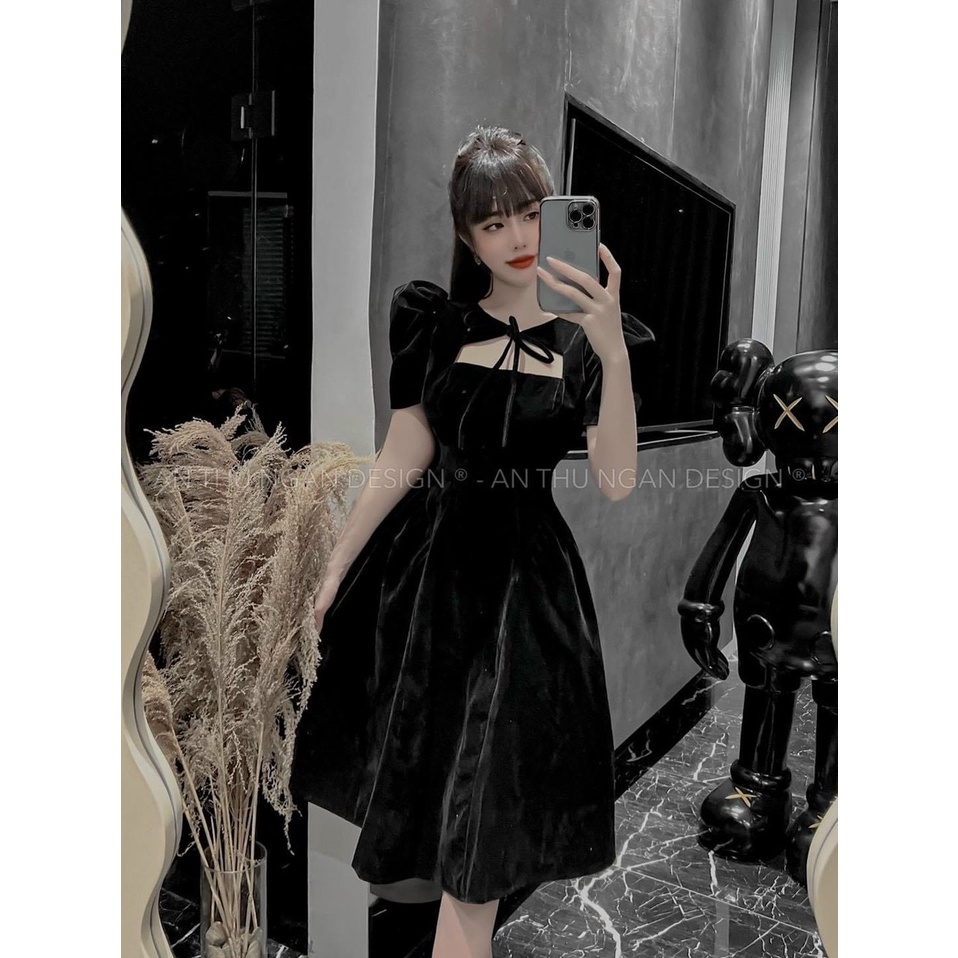 Đầm váy nữ xòe ôm eo cột nơ cổ chất liệu nhung mẫu có mút ngực 3 màu như hình