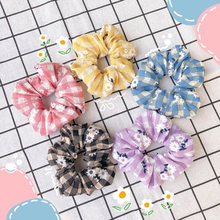 Chun buộc tóc vải scrunchies kẻ caro hoa cúc