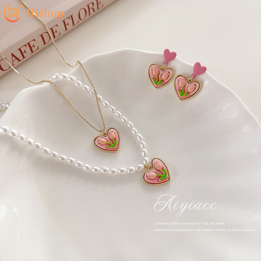 Vòng cổ Mặt Hình Hoa Tulip Đính Ngọc Trai Nhân Tạo Thời Trang