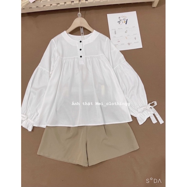 [Ảnh thật/video] Set áo sơmi babydoll bánh bèo và quần sooc nâu dày dặn/ Áo sơ mi nơ tay