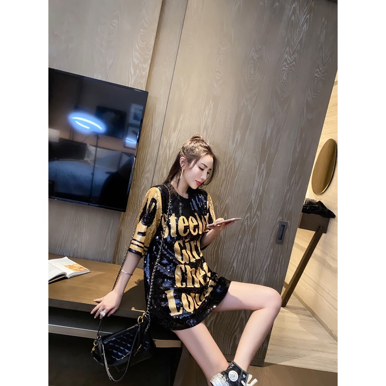 Áo thun ngắn tay dáng rộng đính kim sa phong cách mới mùa hè 2022