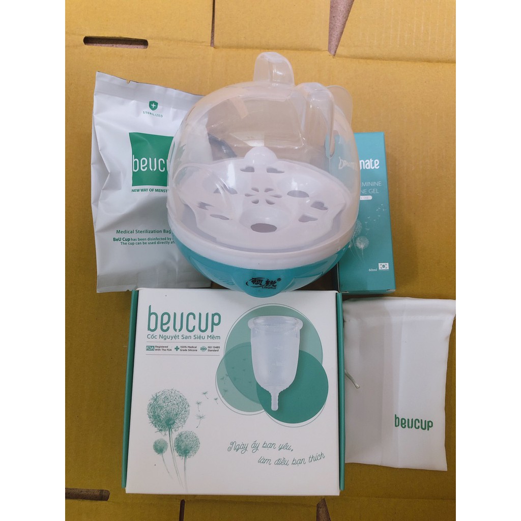 Cốc nguyệt san Beucup kèm máy tiệt trùng hơi nước+dung dịch vệ sinh+túi vải