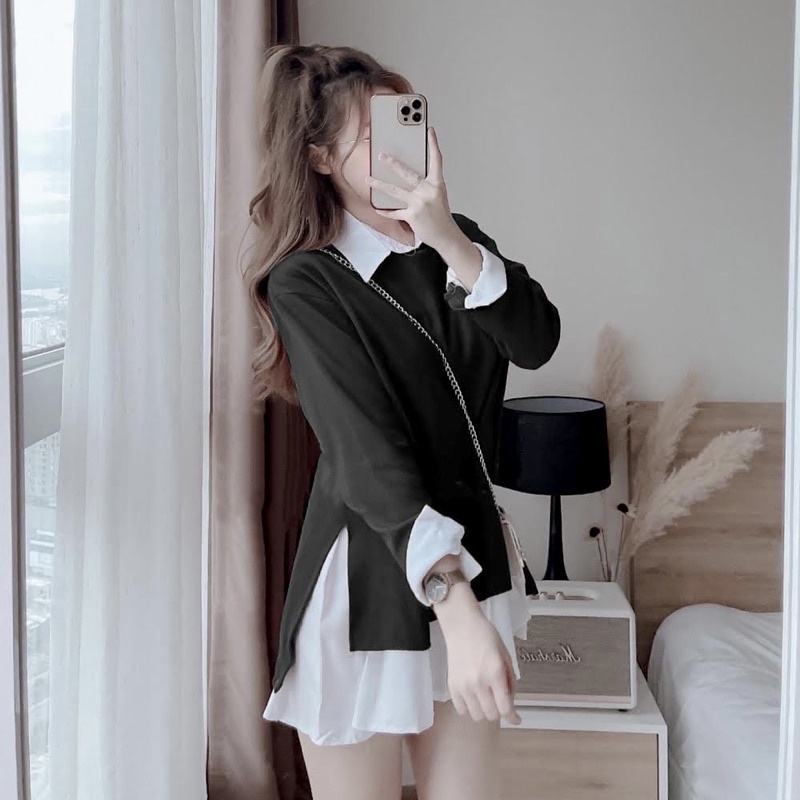 SET ĐẦM SƠ MI TRẮNG + ÁO GILE ĐEN TAY DÀI