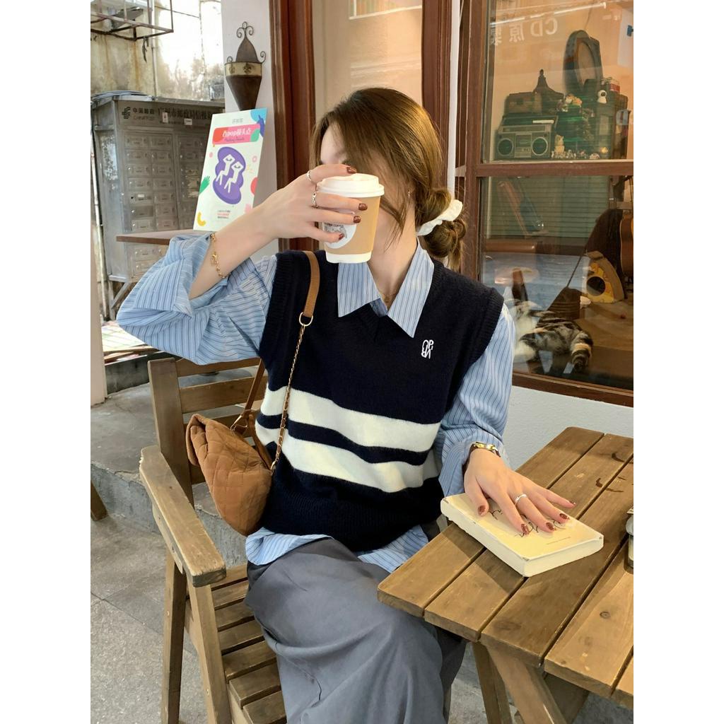 Áo sweater Dệt Kim Sát Nách Cổ Chữ v Phối Màu Thời Trang Thu Đông 67848