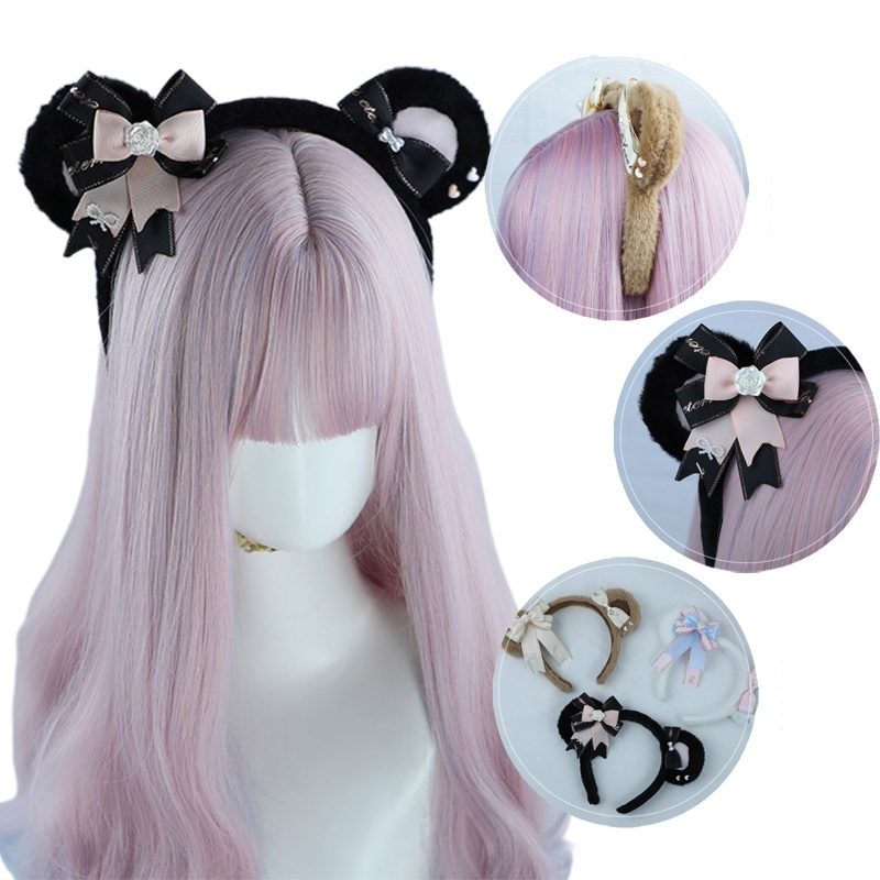Cài tóc tai gấu đính hoa hồng phong cách Lolita xinh xắn