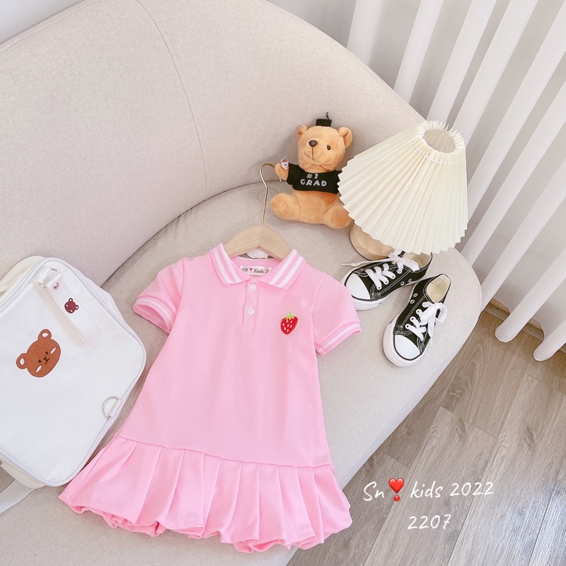 (9-30kg) Váy Xinh Thêu Dâu Vải Polo Cho Bé  Đi Học, Đầm Size Đại Cho Bé
