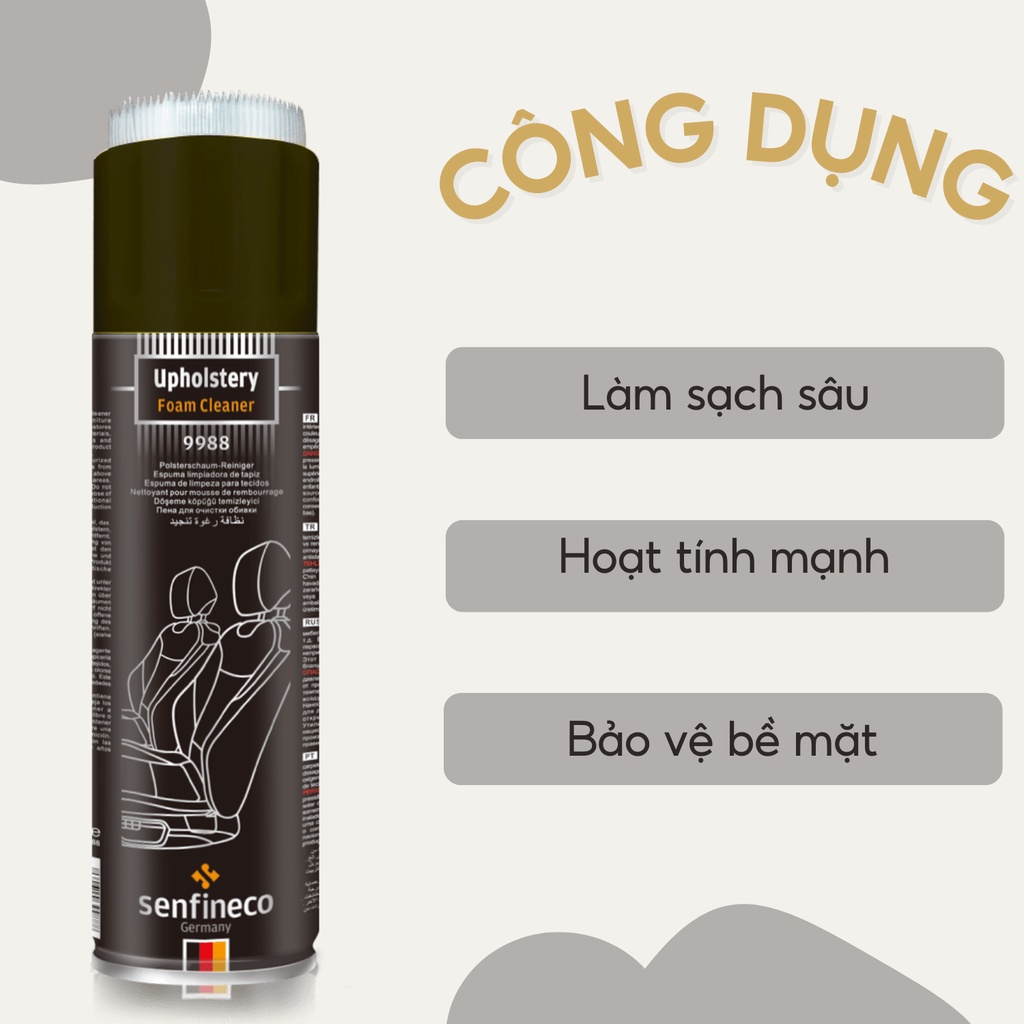 Dung dịch vệ sinh nội thất ô tô SENFINECO 9988 Upholstery Foam Cleaner tẩy rửa ghế sofa, da, thảm xe hơi