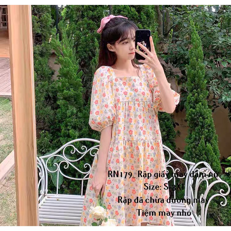 RN179_rập giấy may đầm xòe cổ vuông nữ